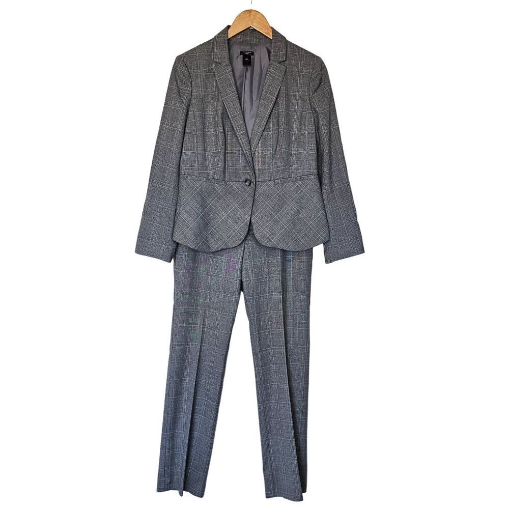Ann Taylor Signature Plaid Blazer Jacket Pant 2pc Suit Set Gray‎ Women's S/M
